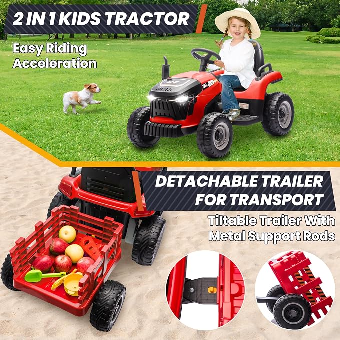 JOYRACER 24V Ride On Tractor for Kids, Ride on Toys w/400W Motors, Tiltable & Detachable Trailer, Adjustable Seat, Bluetooth, Music, Remote Control Electric Tractor Car for Kids, Red
