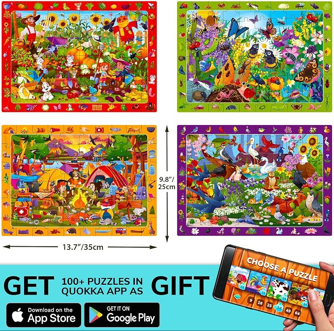 QUOKKA Puzzles for Kids Ages 6-8 - Toddler Puzzles Ages 4-6 - 4-Pack 60 Piece Search and Find Animals and Bugs Jigsaw Puzzle 5-8 - Learning Toys for 3 Year Old Boys and Girls - Educational Games Gift