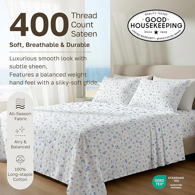 California Design Den Soft Full Size 100% Cotton Sheet Sets, 400 TC Good Housekeeping Award Winner, Smooth Sateen Finish with Deep Pockets, Cozy and Durable Full Bedding Set - Floral White/Blue