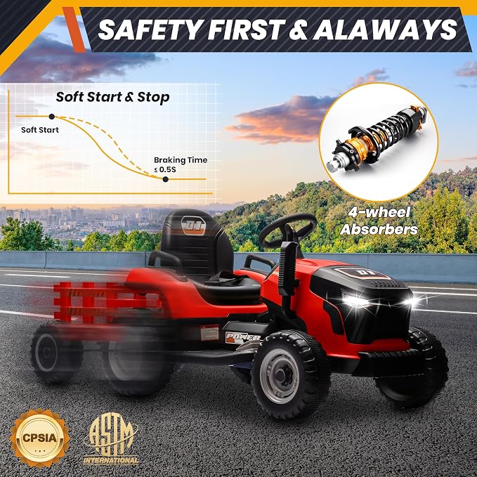 JOYRACER 24V Ride On Tractor for Kids, Ride on Toys w/400W Motors, Tiltable & Detachable Trailer, Adjustable Seat, Bluetooth, Music, Remote Control Electric Tractor Car for Kids, Red