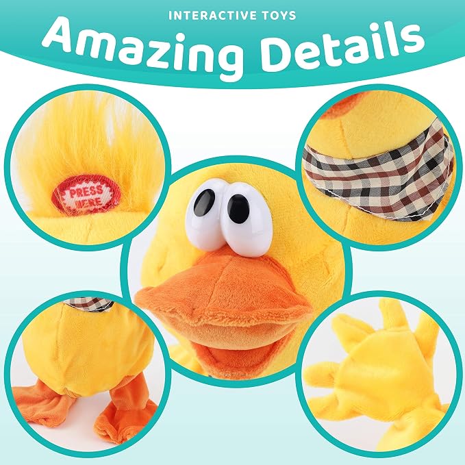 13" Quacking Duck Musical Stuffed Animal Plushies Walking Singing Waving Electronic Interactive Plush Toy for Kids Boys Easter