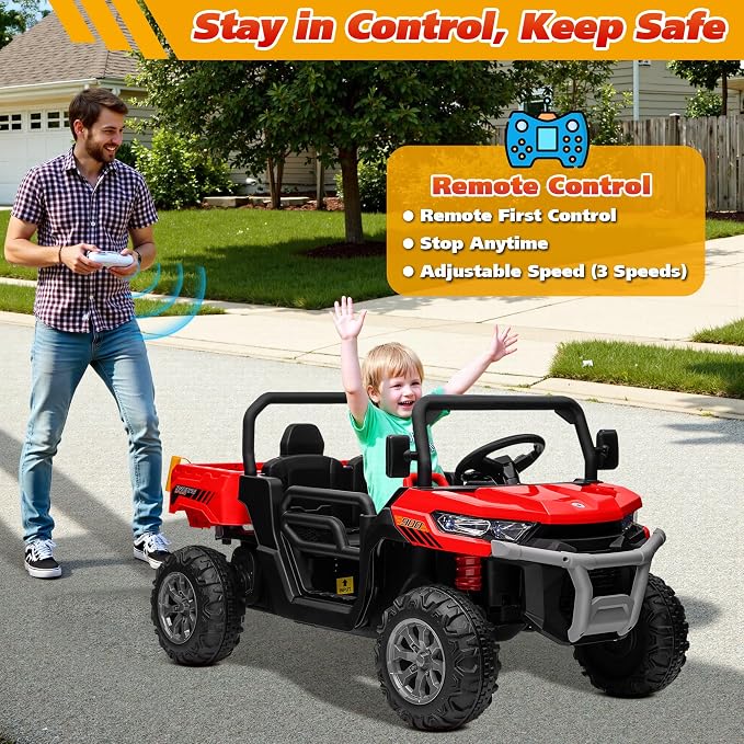 Joyracer 4WD 24 Volt Ride on Toys, 800W Ride on Truck for Kids, 2 Seater Power Car Wheels w/Dump Bed & Shovel, Ride on UTV w/Remote Control, Bluetooth, LED Lights, Red