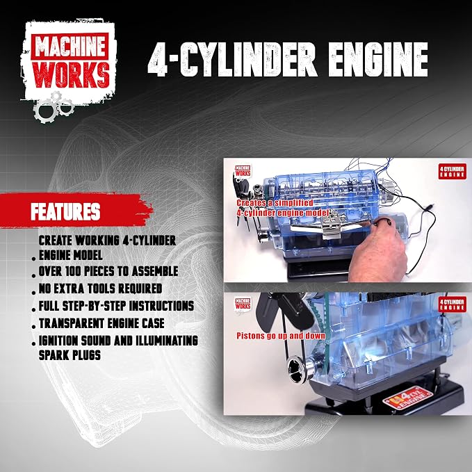 Machine Works Build Your Own Visible Model Engine Toys - Replica Model Building Kit 100+ Pieces- Features Working Sounds and Illuminiation, Internal Combustion Mechanics, Physics, STEM (4-Cylinder)