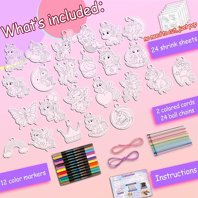 Vicentorra Shrinky Dink Sheets Keychain Making Kit with 12 Markers, 24 Pre-Cut Unicorn Plastic Charms, 24 Ball Chains, No Mess Art & Crafts Kits for Kids, 6+ Year Old Girl Birthday Gift Nice Packaging