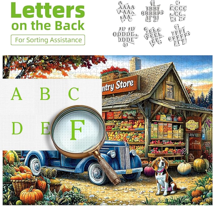 Puzzles for Adults 1000 Pieces, Country Store Fall Puzzles 1000 Pieces Pumpkins Fruits and Vegetables with Vintage Truck Rustic Jigsaw Puzzle for Adults Challenging Game, 27.5 x 19.7 Inches