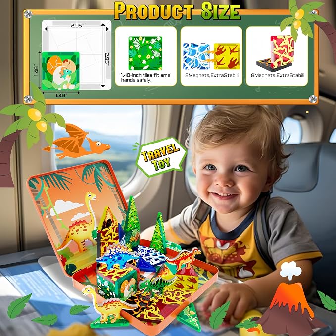 48pcs Mini Magnetic Tiles, Dinosaurs World Building Blocks Set in Iron Case, Portable STEM Travel Toys for Toddlers, Creative Dino World Construction Magnetic Toys for Kids