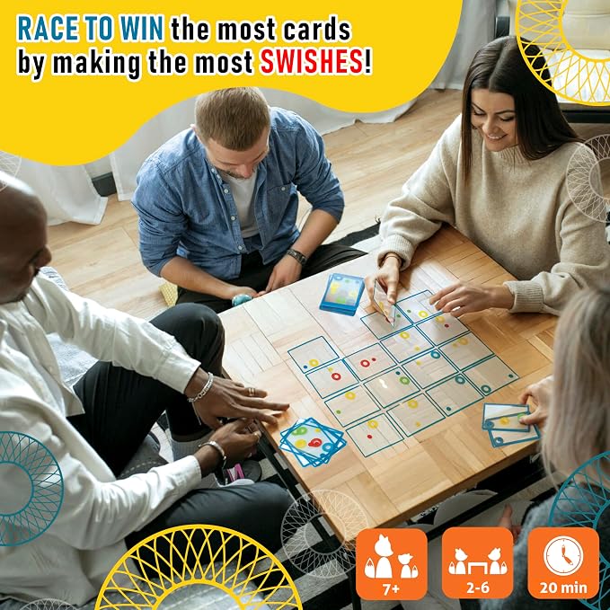 FoxMind Games: Swish Card Game, Spatial Reasoning Board Game for Ages 7 and up, Rotate, Stack & Match Transparent Cards to Win. Waterproof Cards & Travel Bag - Perfect Family Travel Game