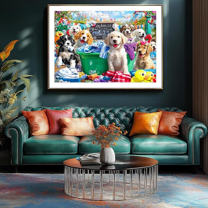 Puppy Laundry Day 500 Piece Jigsaw Puzzle for Adults Fun Colorful Cute Playful Dogs with Bubbles Bath Scene, Seniors & Families Relax Puzzles with Letters on Back, 23x15 Inch