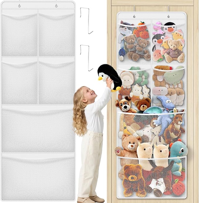 SpaceHacks Stuffed Animal Storage - Large Over the Door Organizer with 6 Expandable Mesh Pockets & Metal Hooks, Non-Woven Fabric Hanging Plush Items Holder for Nursery, Bedroom, Playroom (White)