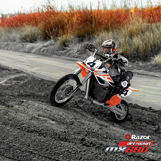 Razor MX650 Dirt Rocket Bike Electric Ride-On for Ages 16+, 220 lb Max Weight, Orange – 36V Battery, Up to 17 Mph, 40-Min Run Time, Twist-Grip Throttle, 16” Front and 14” Rear Pneumatic Tires