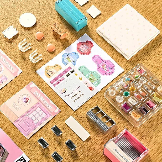 Miniature Ice Cream Shop DIY Kit with Display Case | Acrylic Display Case, Ice Cream Shop Dollhouse Craft Kit, Tool-Free Mini House for Teens, Adults & DIY Hobbyists