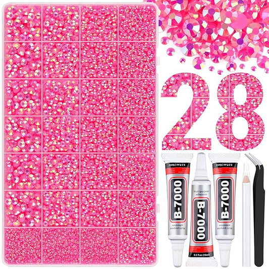 30000Pcs Resin Rhinestones for Bedazzling with Tweezers, Hot Pink AB Rhinestones for Crafting with 3Pcs 10ml B7000 Jewelry Glue for DIY Crafts Clothing Tumblers Shoes Fabric Nail Art