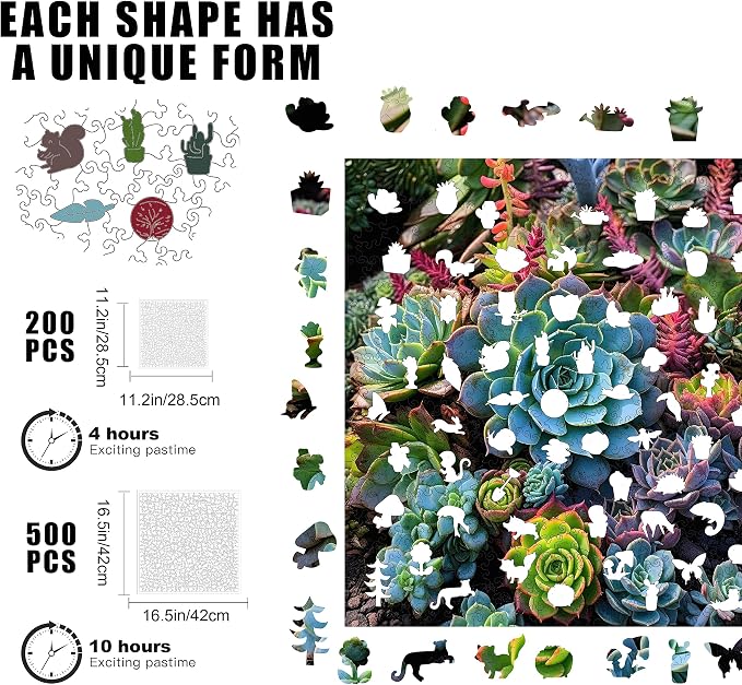 Mys Aurora Wooden Puzzles for Adults 500 Pieces, Succulent Plant Jigsaw Puzzles with Unique Shapes, 5MM Thick Laser-Cut Pieces, Box, Family Puzzle Games for Kids and Adults