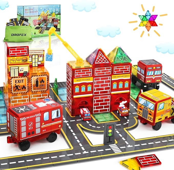 Drofex Magnetic Tiles Road Set with Fire Truck Magnetic Crane, Creative Construction Toys for Kids Ages 3-12, Boys & Girls, Fire Rescue Station and Engineering Themed Magnetic Building Blocks