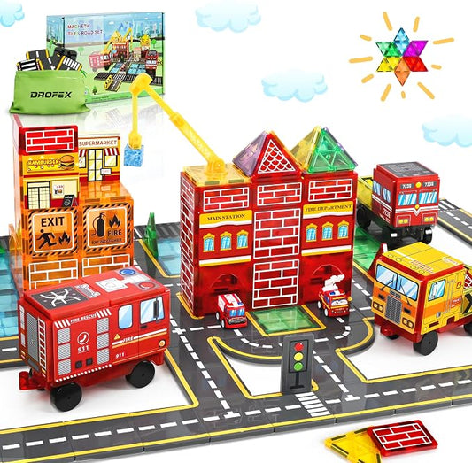 Drofex Magnetic Tiles Road Set with Fire Truck Magnetic Crane, Creative Construction Toys for Kids Ages 3-12, Boys & Girls, Fire Rescue Station and Engineering Themed Magnetic Building Blocks