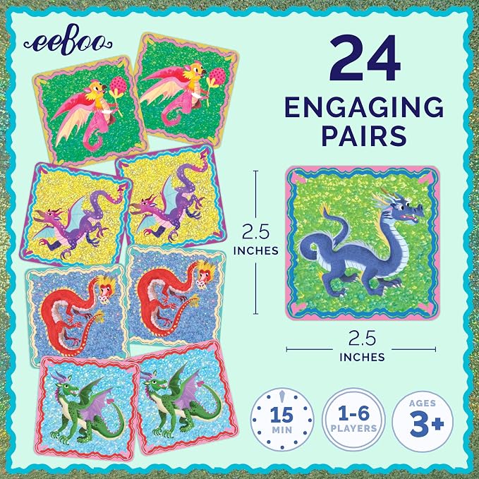 eeBoo: Memory and Matching Game - Shiny Dragons - 24 Pairs, Develops Recognition, Concentration, Memory & Vocabulary Skills, Age 3+