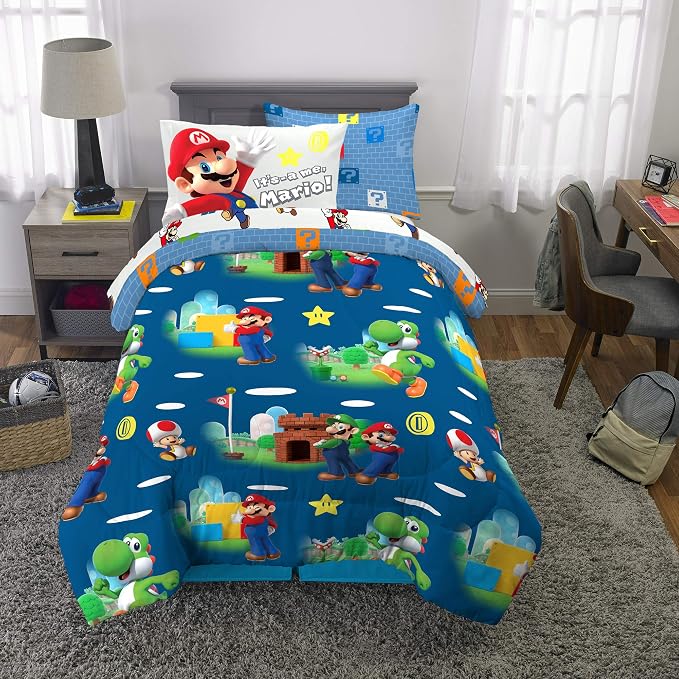 Super Mario Kids Bedding Set, Twin Size 5 Piece Comforter and Sheet Set with Sham, (Officially Licensed Product) by Franco