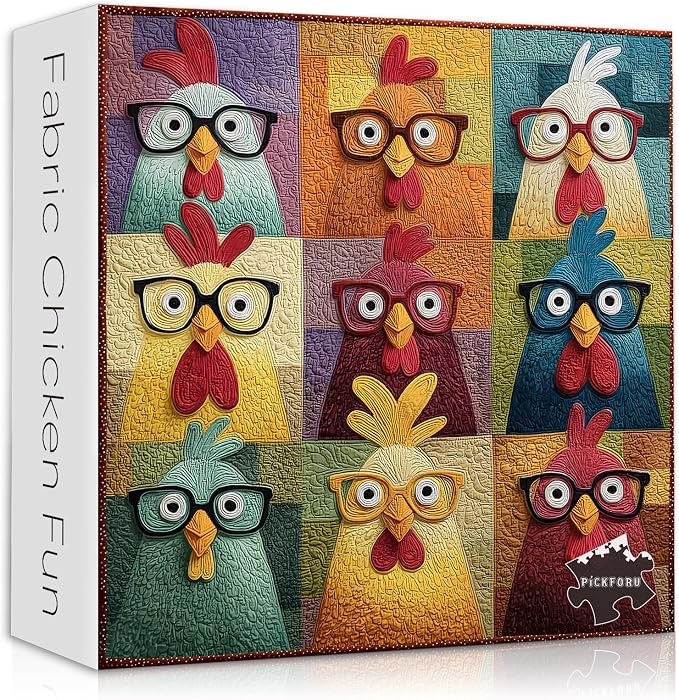 PICKFORU Funny Chicken Puzzles for Adults 1000 Piece, Animal Colorful Rooster Puzzle Patchwork Quilt, Impossible Hard Challenge Jigsaw Puzzle