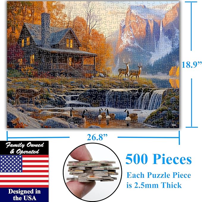Think2Master Cabin by the Falls 1000 Pieces Large Format Jigsaw Puzzle: 13+, Teens, Adults & Families. Scenic Autumn Mountain Landscape with Log Cabin, Waterfall. Great Gift. Size: 26.8” X 18.9”