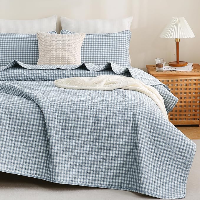 TOCOMOA Blue Gingham Quilt Bedding Set 100% Washed Cotton Bedspread Coverlet Like Linen Feel Soft Comfy Breathable 3 Piece Plaid Checkered Lightweight Comforter Set for All Season, Twin 68"x86"