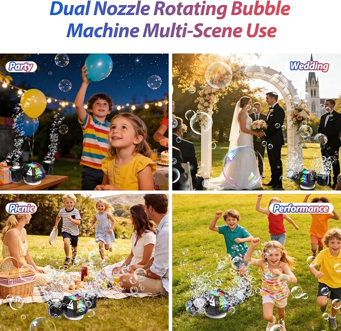 New RC Bubble Machine with RGB Lights, 360° Auto Rotation Bubbles Toy, Rechargeable Battery, Bubble Blower Maker for Kids, Parties, Birthday Gift, Weddings, Indoor Outdoor Activity, Black