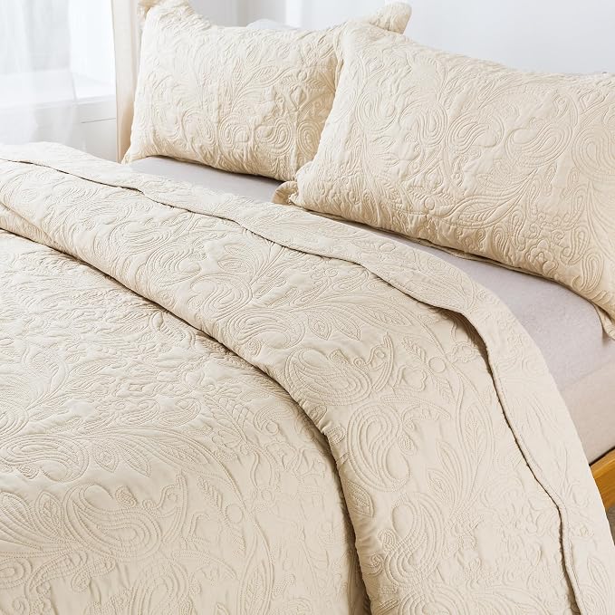 HoneiLife Quilt Set Queen Size - 3 Piece Embroidered Microfiber Bedspread Reversible Coverlet Lightweight Bedcover Paisley Pattern Bedding Set All Season Quilts-Khaki