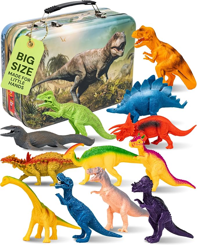 PLAYVIBE Dinosaur Toys - 12 Realistic 9-Inch Models, Multi-Color, Metal Storage Box - Dinosaur Figures & Action Figures for Kids Ages 3-7 - with Metal Storage Box - for Boys & Girls
