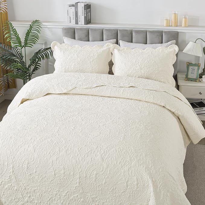 HoneiLife Queen Quilt Bedding Set - Microfiber Quilt Sets for Queen Bed, 3-Piece Lightweight Bedspreads,Reversible Coverlets Rustic Bedlinen Sets, Floral Bedding Set All Season Quilts-Beige