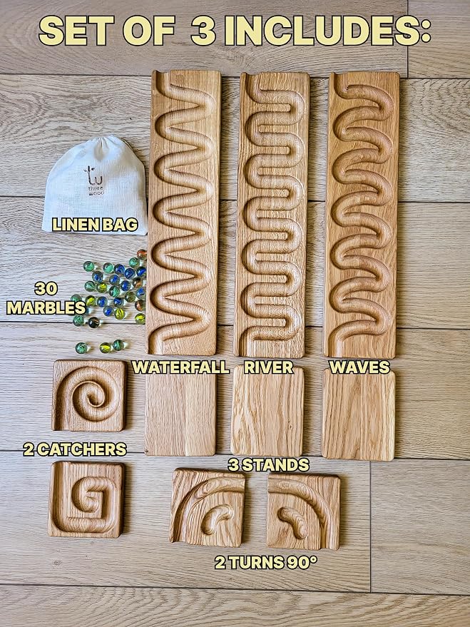 Wooden Marble Run Track Race Wooden Maze Board Ball Run Montessori Educational Toy Gift for Kids Winding Wave Roller Track(Set of 3)