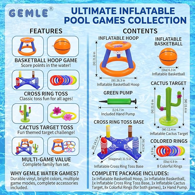 Pool Toys Games Set,Pool Basketball Hoop Inflatable Cross Ring Toss Game and Inflatable Cactus Kids for Teens Adults and Family (3 Set Water Toys)