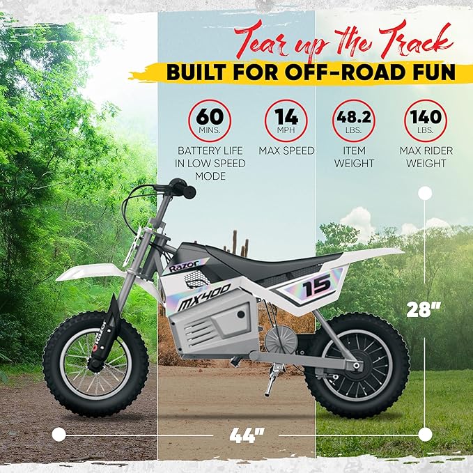 Razor MX400 Dirt Rocket Electric Bike for Kids Ages 8+, 140 lb Max Weight, White – 24V Battery, Up to 14 Mph, 30-Min Ride Time on High Speed, Twist-Grip Throttle, Spoked Wheels w/ 12” Pneumatic Tires