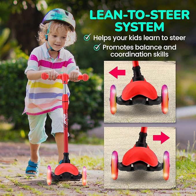 Hurtle Mini Kickboard 3 Wheel Scooter for Kids Ages 2-5 - Lean-to-Steer Toddler Scooter with Light-up LED Wheels, Adjustable Height & Rear Foot Brake for Boys. & Girls, Anti-Slip, Indoor/Outdoor