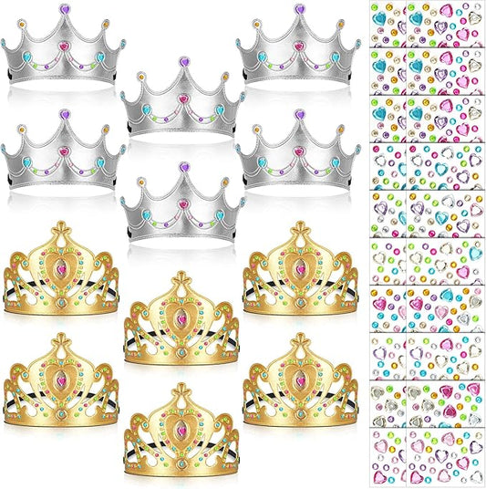 Yaomiao 22 pack DIY Crowns Set Include 12 Pcs Foam Princess Crowns and 10 Pcs Diamond Sticker for Kids