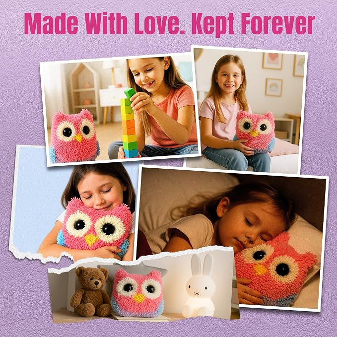 CRAFTILOO Latch Hook Kit for Kids Rug DIY Pillow Craft with Hook, Precut Yarn, Easy to Follow Pattern Cute Designs with Wise Owl Ages 6+