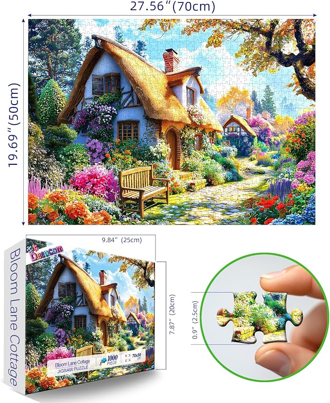 Thatched Cottage Garden Jigsaw Puzzle 1000 Pieces for Adults – Vibrant Floral Countryside Scene, Intricate Nature Art Puzzle, Stress-Relieving Relaxation Activity (27.56" x 19.69")