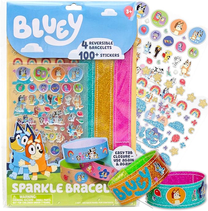 Bluey Sparkle Bracelet Making Kit, 4 Reversible Bracelets with Easy Closure, 100+ Traditional and Puffy Resin Stickers, DIY Bluey Jewelry, Arts and Crafts for Kids Age 8-12, Toddler Gifts