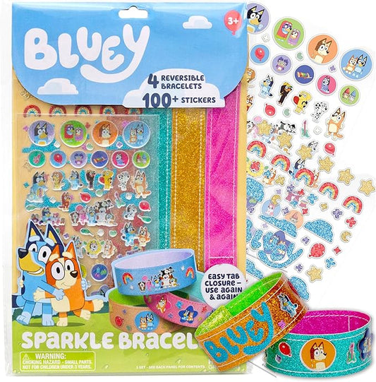 Bluey Sparkle Bracelet Making Kit, 4 Reversible Bracelets with Easy Closure, 100+ Traditional and Puffy Resin Stickers, DIY Bluey Jewelry, Arts and Crafts for Kids Age 8-12, Toddler Gifts