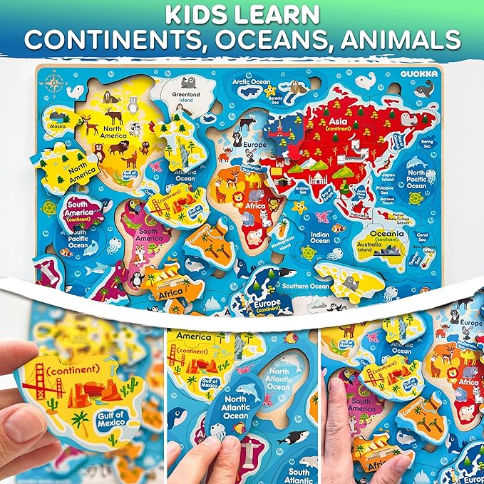 QUOKKA Puzzles for Kids Ages 4-6 - 3 Set Toddler Wooden Puzzles for Kids Ages 3-5- Learning United States Toys for Childrens 6-8 - Educational Toys for 3 Year Old Boys and Girls - Award Winning