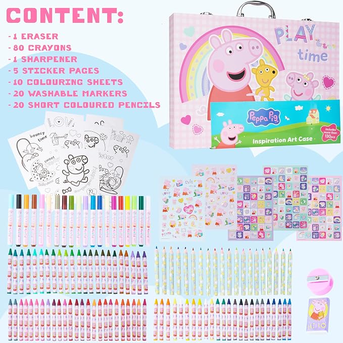 Peppa Pig Colouring, Arts & Crafts Set for Kids, 137 Pcs Stationary Supplies, Colouring Paper Pencils Crayons Eraser & Sharpener, Gifts for Girls
