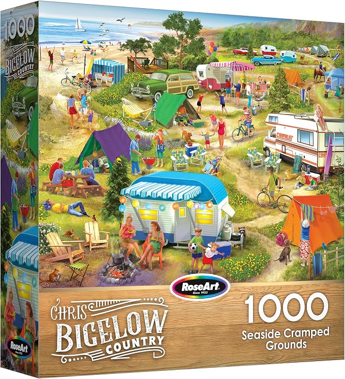 RoseArt - Chris Bigelow Country - Seaside Cramped Grounds 1000 Piece Jigsaw Puzzle, Colorful Beach Camping Scene– Adult Puzzle – Finished Size 26.625 x 19.25, Made in USA