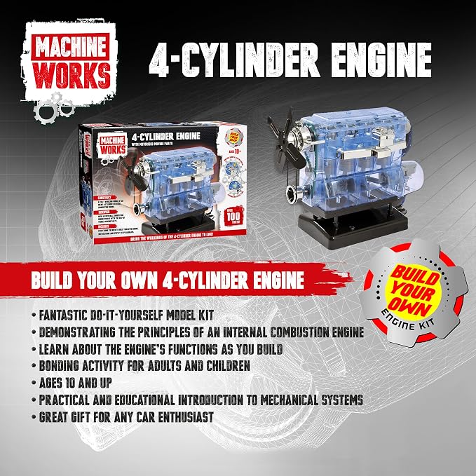 Machine Works Build Your Own Visible Model Engine Toys - Replica Model Building Kit 100+ Pieces- Features Working Sounds and Illuminiation, Internal Combustion Mechanics, Physics, STEM (4-Cylinder)