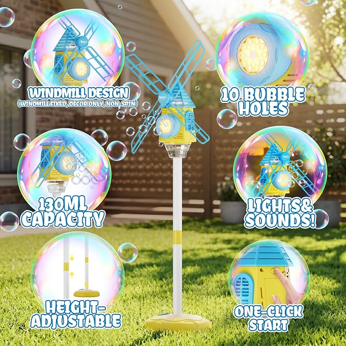 Belemar Windmill Bubble Machine Toys for Kids & Boys, Standing Bubble Blower with Lights & Music, 51" Adjustable Height, 130ml Tank, Bubble Solution Included, Outdoor Toy for Parties & Birthdays
