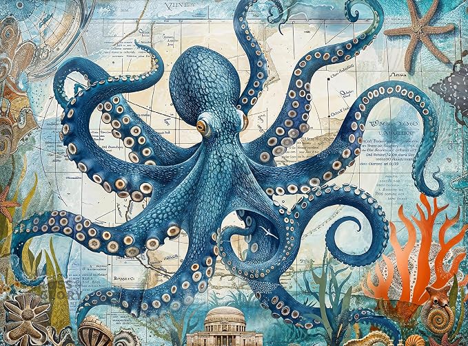 Cross & Glory | 1000 Piece Jigsaw Puzzles for Adults | Neptune’s Navigator: The Octopus Voyage | Ancient Map Octopus Puzzle 1000 Pieces | Satin Finish Ocean Puzzle | Ages 14+