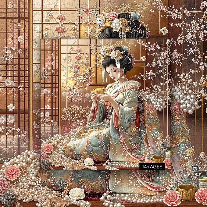 PICKFORU Elegant Geisha Puzzles for Adults 1000 Pieces, Retro Kimono Cherry Blossom Jigsaw Puzzles, Japanese Art Puzzle as Wall Art Decor