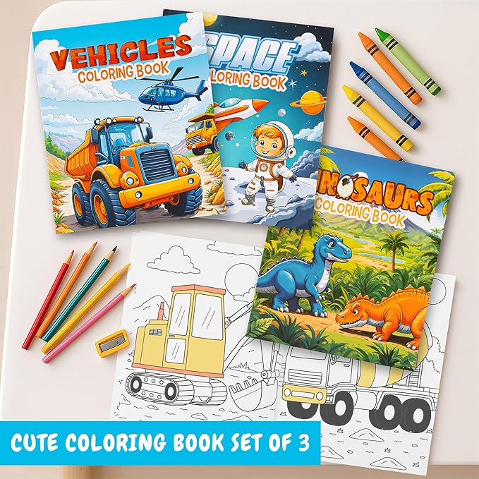 ZICOTO Fun Coloring Books for Kids Set of 3 - Exciting Dinosaur, Space & Trucks Coloring Book for Boys Ages 4-8 - Easy to Color Gift for Travel with Cute Themes for Your Creative Little Toddler 1-3