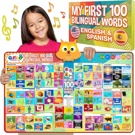 First 100 Words Bilingual Electronic Alphabet Poster – Interactive Learning Chart for Kids | 100 First Words in English & Spanish | Educational Talking Wall Poster