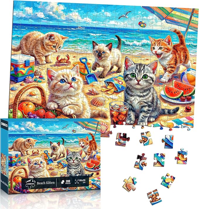 Puzzles for Kids Ages 6-8 8-10, 200 Piece Jigsaw Puzzles for Kids and Adults - Beach Kitten, Learning Educational Puzzles Toys for Boys and Girls