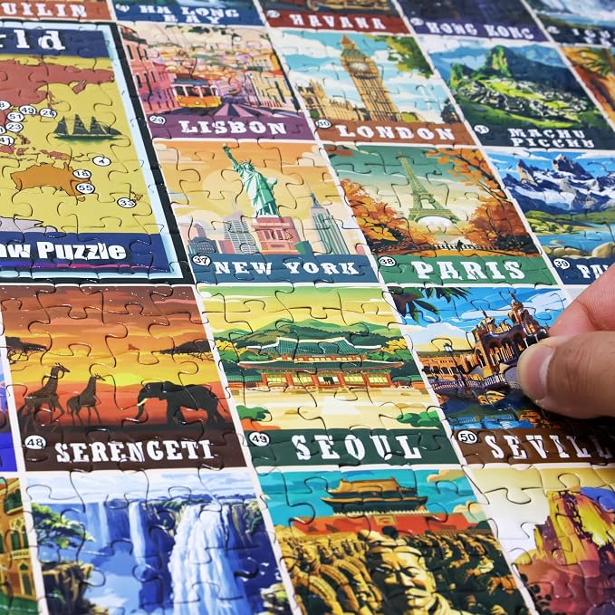 Think2Master Colorful Vintage World Travel Poster 1000 pieces Large Format Jigsaw Puzzle for kids 13+, teens, adults & families. Great gift for people wanting to explore the World. Size: 26.8” X 18.9”