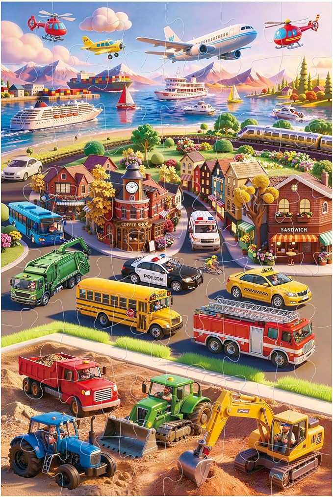 BenBen Floor Puzzles for Kids Ages 4–6, 48 Piece 2 x 3 Feet Transportation Jigsaw Puzzle, Large Vehicle-Themed Floor Puzzle with Big Pieces, Educational Toy Gift for Boys & Girls