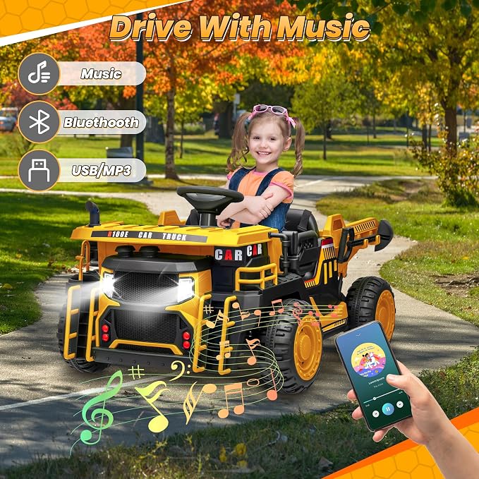 JOYRACER 24V 2 Seater Ride on Dump Truck w/400W Motors, Kids Ride On Car w/20'' Seat, Parent Remote, Electric Construction Vehicle w/Dump Bed & Shovel, 5Mph Max, Power Car Wheelers for Kids, Yellow